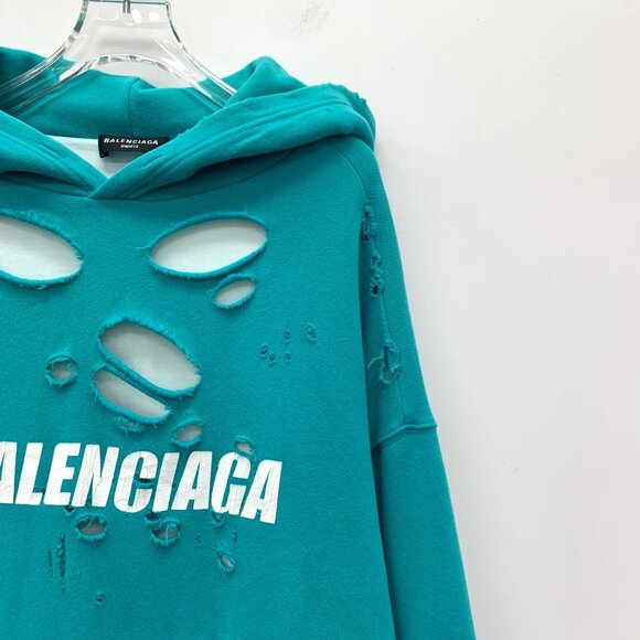 balenciaga Blue cotton distressed hoodie - Picture 3 of 9